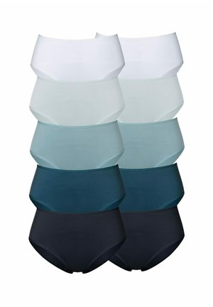 Eight pairs of women's underwear in varying shades: white, light gray, teal, dark teal, and black. Smooth, stretchy fabric with a seamless design.