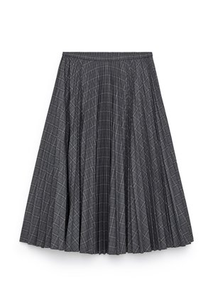 Grauer plissierter Midirock mit schwarzem und weißem Karomuster, gerafftem Taillenbund und ausgestellter A-Linie.