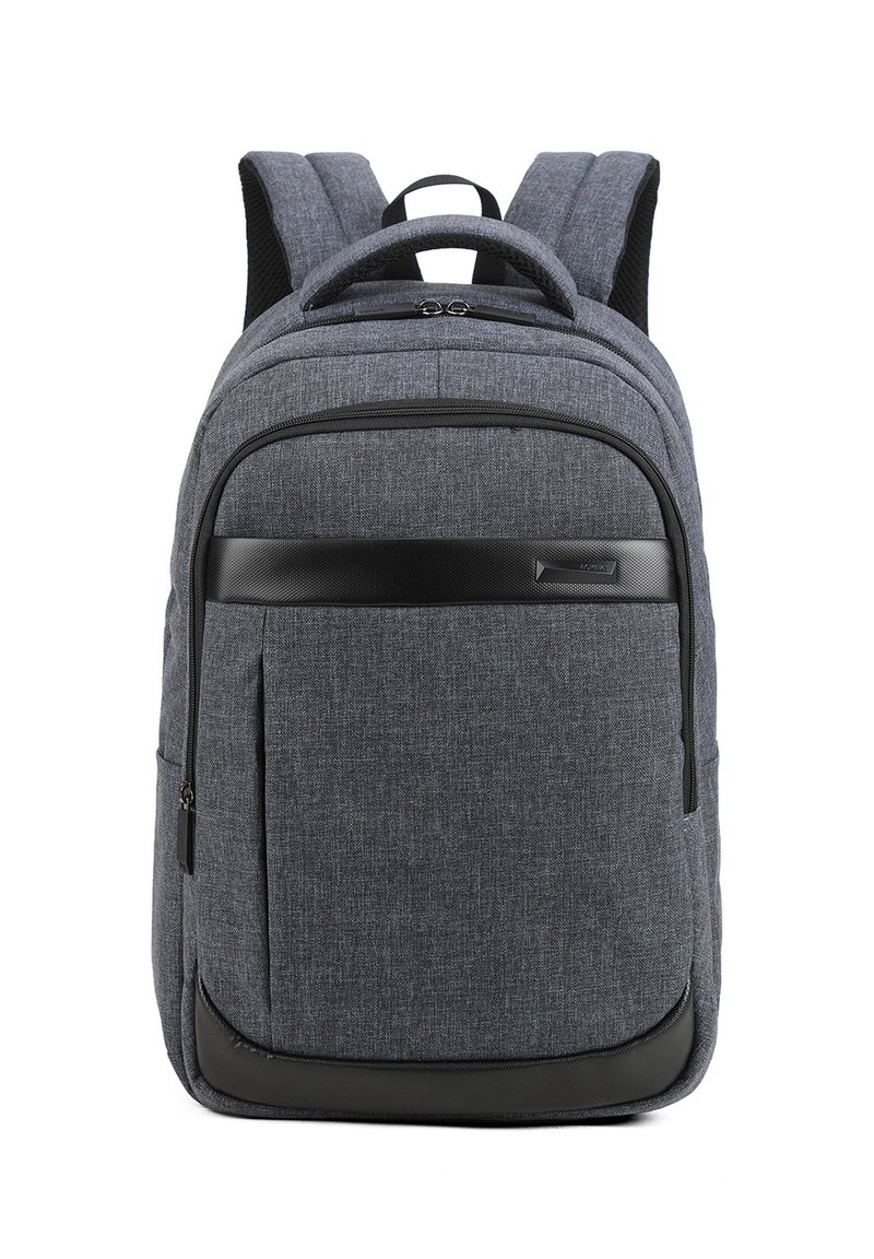 Zaino in tessuto grigio con base e dettagli in sintetico nero liscio. Presenta due spallacci imbottiti e una maniglia superiore per il trasporto.