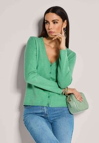 Groene cardigan met een V-hals, knopenlijst aan de voorkant en lange mouwen. Gecombineerd met lichtblauwe jeans en een bijpassende geborduurde mintgroene tas.