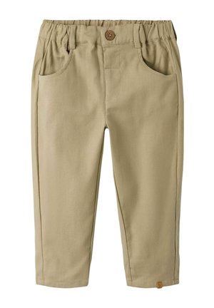 Pantalon beige pour tout-petit avec taille élastique, poches avant, passants de ceinture, fermeture par bouton et jambes droites.