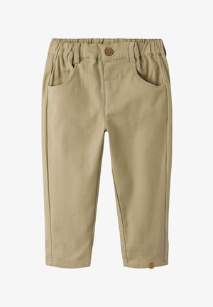 Beige småbørnsbukser med elastisk taljebånd, forlommer, bæltestropper, knaplukning og lige ben.