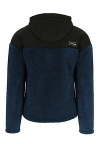 Kapuzenpullover mit einem schwarzen oberen Bereich und einem strukturierten marineblauen Körper. Weicher, flauschiger Stoff mit einem Logopatch auf der linken Schulter.