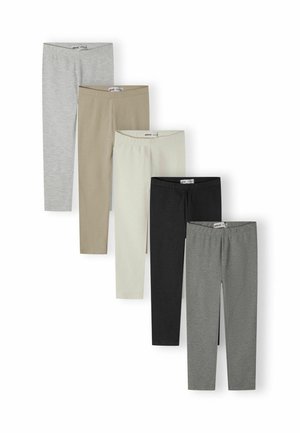 Fem par vikta leggings i ljusgrått, beige, benvitt, svart och mörkgrått arrangerade diagonalt på en vit bakgrund.