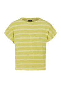 Top corto a maniche corte a righe verdi con scollatura a girocollo. Materiale in morbido cotone, caratterizzato da righe orizzontali bianche e un design dal taglio rilassato.