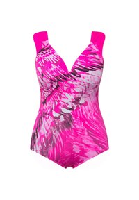Roze badpak met een v-hals, voorzien van een veerachtig patroon in tinten roze en grijs. De bandjes zijn versterkt en breed.