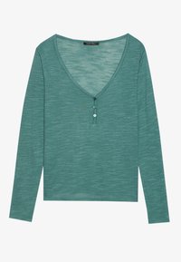 Long-sleeve top in heathered teal with a v-neckline and three-button placket. Soft texture and fitted style.