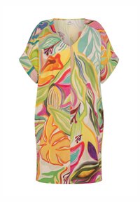 Abito corto con scollatura a V e maniche corte. Realizzato in tessuto leggero con un vivace motivo tropicale di foglie e fiori multicolori.
