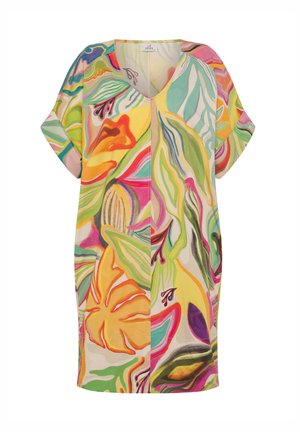 Abito corto con scollatura a V e maniche corte. Realizzato in tessuto leggero con un vivace motivo tropicale di foglie e fiori multicolori.