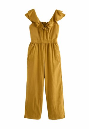 Jumpsuit jaune moutarde avec des manches à volants, un détail à nouer au niveau du col, une taille élastique et un design à jambes larges. Fabriqué en tissu léger.