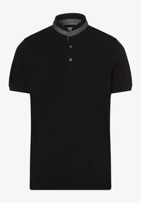 Polo shirt noir avec un col orné d'un accent gris texturé, patte de boutonnage à trois boutons et manches courtes. Tissu en coton lisse.