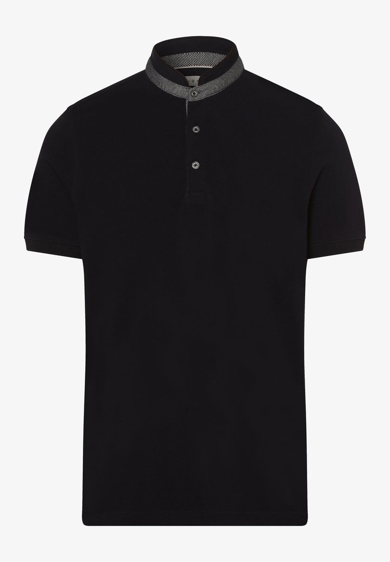 Polo shirt noir avec un col orné d'un accent gris texturé, patte de boutonnage à trois boutons et manches courtes. Tissu en coton lisse.