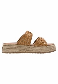 Sandales tissées marron avec deux larges brides, semelle plateforme enveloppée de jute et accents texturés. Design léger et ouvert.