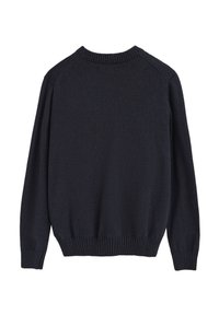 Dunkelblauer Pullover mit rundem geripptem Kragen, gerippten Bündchen und Saum. Hergestellt aus einem weichen, glatten Strickmaterial.