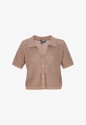 Világosbarna, rövid ujjú kötött kardigán gallérral és gombos lezárással, texturált, áttört mintával.