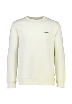 Sweatshirt écru avec un col rond, des manches longues, des poignets côtelés, et le logo "LINDENBRGH" en noir sur la partie supérieure gauche de la poitrine.