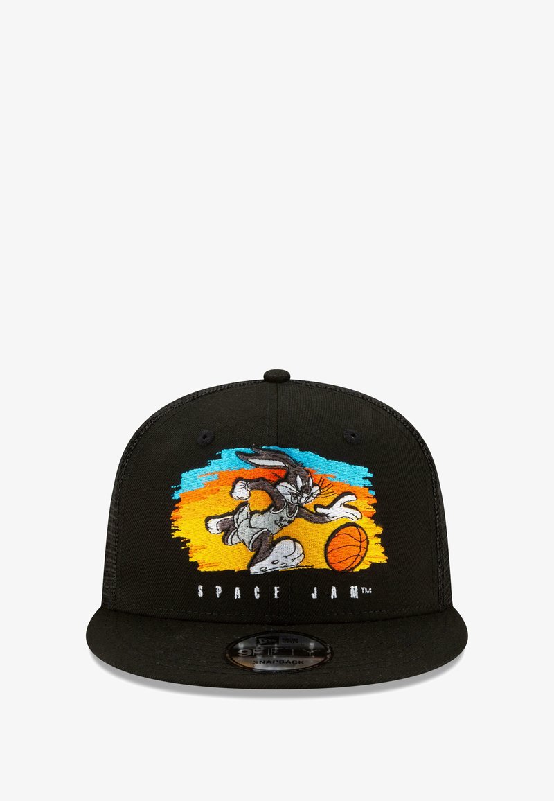 Black snapback cap featuring an embroidered design of a cartoon rabbit playing basketball against a colorful background.