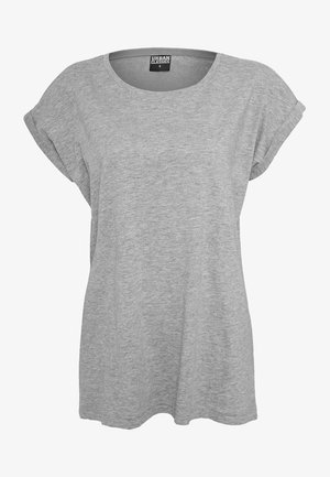 T-shirt gri cu mânecă scurtă dintr-un material moale, având un guler rotund și o croială lejeră, cu mâneci răsucite și fără modele vizibile.