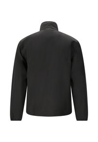 Mustat vedenpitävät takki, jossa on korkea kaulus, pitkät hihat ja sileä pinta. Takana ei ole näkyviä taskuja tai kiinnityksiä.