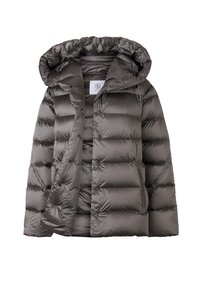 Dunjakke i mørkegrå med h�ætte. Har et quiltet design, blank tekstur, frontknapper med trykknapper og sidelommer.