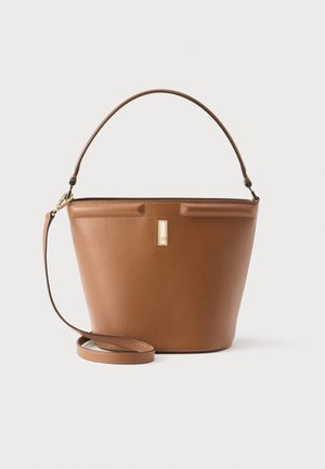 Brown leather bucket bag with a smooth texture, a short handle, and a detachable shoulder strap. Features a gold-tone hardware accent.