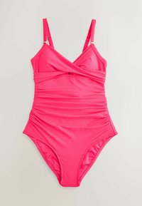 En baddräkt i klar rosa med en omslagstoppdesign, justerbara axelremmar, volangdetaljer och ett mjukt, elastiskt tyg.