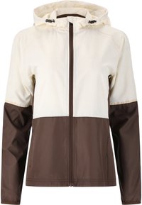 Veste imperméable légère, crème et marron, avec fermeture éclair, capuche réglable et panneaux horizontaux contrastés. Tissu lisse et texturé.