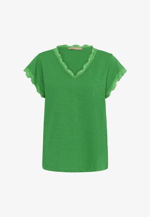 Zöld női rövid ujjú felső csipkés szegéllyel a V-nyakánál és az ujjvégeken, könnyű, texturált szövetből készült.