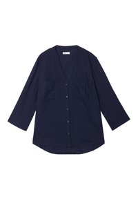Chemise en lin bleu marine avec un col en V, des manches trois-quarts, une fermeture à boutons sur le devant et deux poches poitrine. Ourlet droit et coupe décontractée.