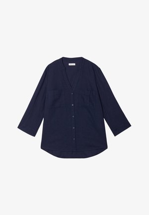 Granatowa lniana koszula z dekoltem w kształcie litery V, długimi rękawami i dwoma przednimi kieszeniami. Posiada zapięcie na guziki i zaokrąglony dolny brzeg.
