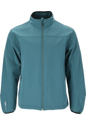 Teal softshell jack met een hoge kraag, een ritssluiting aan de voorkant en elastische manchetten. Kenmerken zijn stikseldetails en zakken aan de zijkanten. Waterdicht.