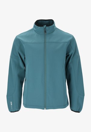Teal softshell jack met een hoge kraag, een ritssluiting aan de voorkant en elastische manchetten. Kenmerken zijn stikseldetails en zakken aan de zijkanten. Waterdicht.