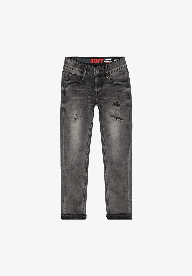 Jean en denim noir délavé avec des patchs usés sur les cuisses, design cinq poches, fermeture à boutons et revers roulés.