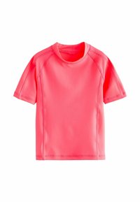 Kurzärmliges Aktivshirt aus leuchtend pinkem, glattem Stoff mit rundem Halsausschnitt und kontrastierenden Nähten. Geeignet für Wasseraktivitäten.
