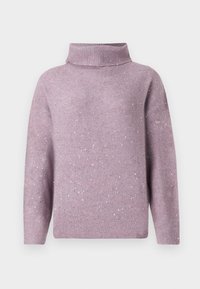 Lilacinvärinen pooloneule, jossa on pitkät hihat, ribbineuleiset hihansuut ja helma, kuorrutettu pienillä hopeanvärisillä täplillä kankaassa.