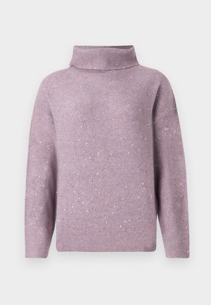 Pull à col roulé de couleur lilas avec des manches longues, poignets et ourlet côtelés, orné de petites paillettes argentées sur l'ensemble du tissu.
