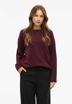 Donna con lunghi capelli castani, che indossa un maglione viola scuro e pantaloni neri, con una mano nella tasca, su sfondo bianco.