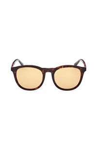 Gafas de sol de carey con lentes cuadrados, lentes tintados en marrón claro y varillas negras con un delgado detalle de rayas rojas y azules.