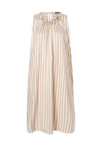 Robe légère sans manches avec des rayures verticales blanches et beiges, un col rond avec des détails froncés et une fermeture en forme de trou de clé au dos.