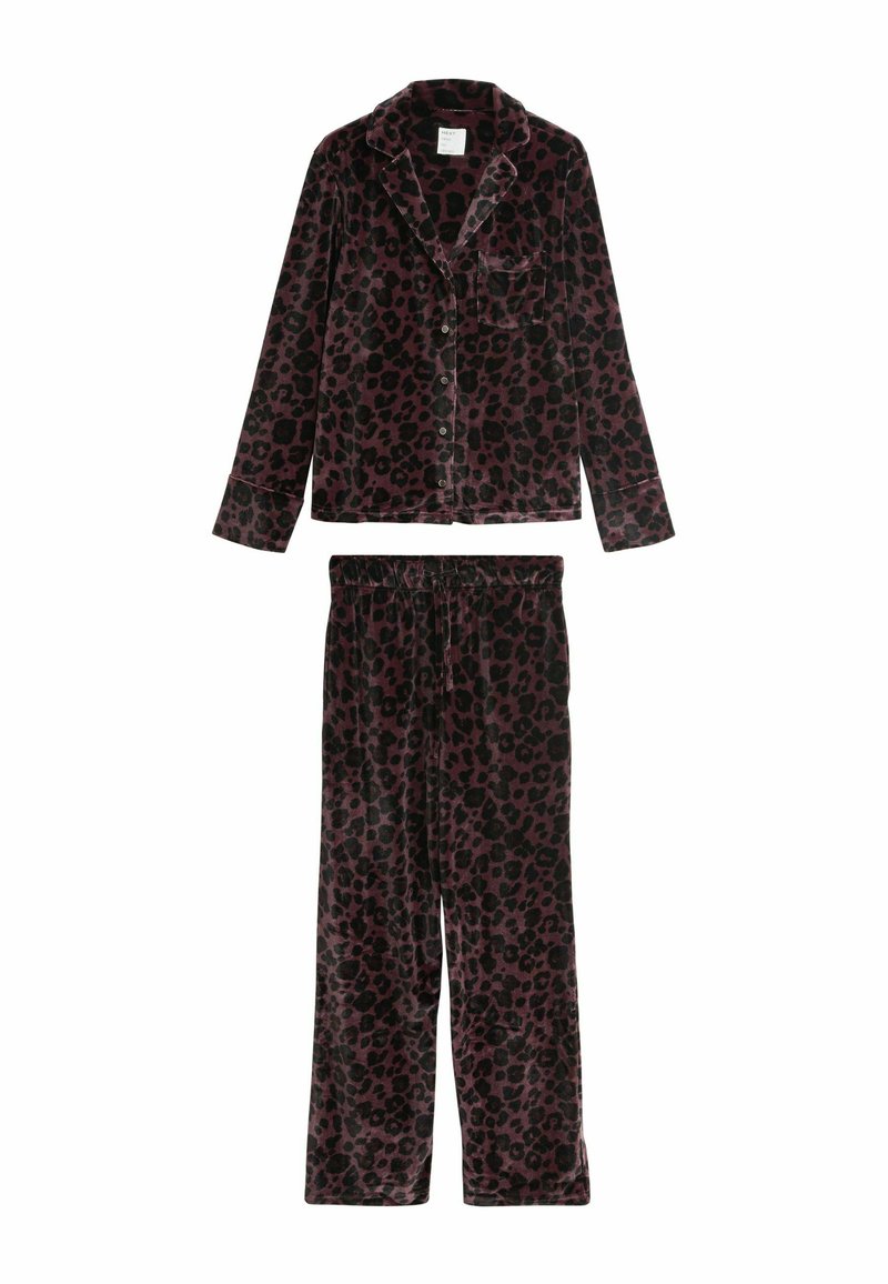 Leopardmuster-Pyjama-Set aus weichem, dunklem Samtmaterial. Langärmlige Knopfbluse mit einer Tasche, kombiniert mit Hosen mit elastischem Bund.