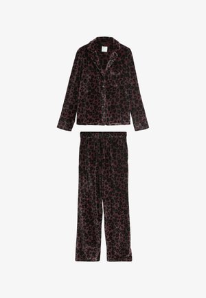 Leopardų rašto pižamos komplektas iš minkštos, tamsios veliūrinės medžiagos. Ilgų rankovių marškiniai su kišene, derinami su elastinga juosmens kelnėmis.