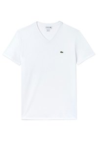 Hvid bomuld v-hals t-shirt med et lille grønt krokodillelogo på venstre bryst. Korte ærmer, standard pasform og glat tekstur.