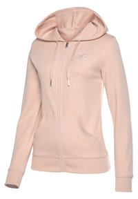 Felpa con zip di colore rosa chiaro, dotata di cappuccio regolabile con cordino, tasche frontali, polsini a coste e dettaglio del logo in rilievo sul petto, realizzata in tessuto morbido.