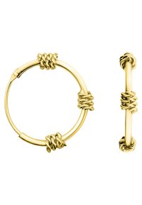 Guldiga hoops örhängen med en slät cirkulär form, med knutliknande accenter med jämna mellanrum längs designen.