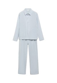 Ljusblå randig pyjamasuppsättning med en jacka med krage och knäppning samt två framfickor, tillsammans med matchande vida byxor.