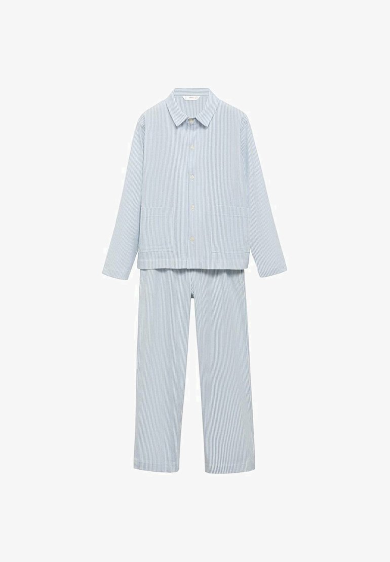 Light blue striped pajama set featuring a collared jacket with button closure and two front pockets, paired with matching wide-leg pants.