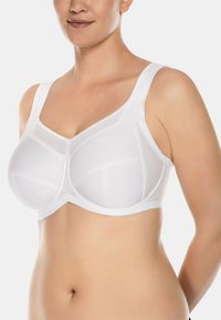 White bra with a smooth finish, featuring wide straps, underwire support, and mesh panels for breathability. Structured cups and seamless design.