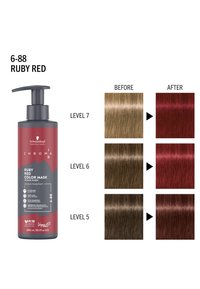 Robijnrode kleurgom in een pompflacon. Donkergrijze en rode etikettering. Kleurresultaten worden weergegeven voor haar op niveau 5, 6, en 7 voor en na gebruik.