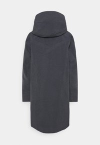 Manteau long gris foncé avec capuche, vu de dos sur un fond neutre.