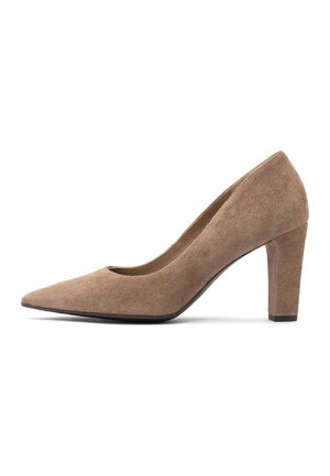 Damen-Pumps aus Veloursleder in Taupe mit spitzer Schuhspitze und Blockabsatz, seitlich auf weißem Hintergrund dargestellt.